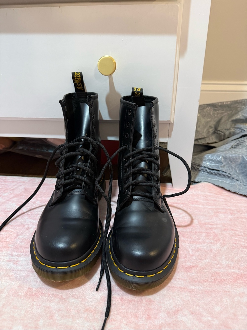Dr. Martens Black Lace-Up Boots with Yellow Stitching